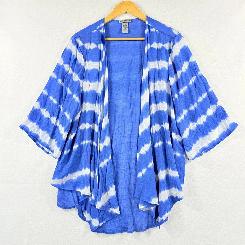Catherines Cardigan Women 1X Blue Tie Dye Open Front Boho Coastal Flowy Kimono
